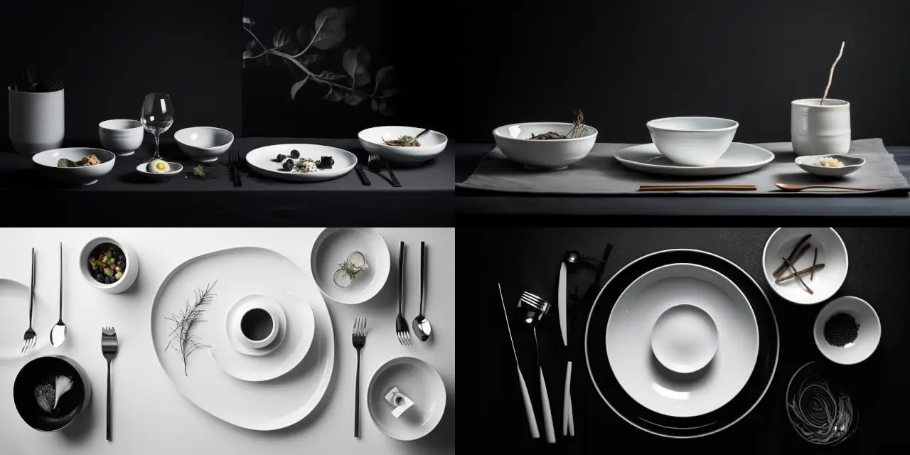 Compose a minimalist tabletop setup featuring {{number_of_dishes}} monochromatic dishes, each with its own unique artistic plating style. Reflect on the use of design elements such as texture and shape, as well as the interplay of positive and negative space. The final composition should evoke a sense of culinary artistry while adhering to the principles of minimalism. Capture the essence of this setup with a striking food photography shot, focusing on lighting, angles, and depth of field to showcase the mastery of both the palate and the visual aesthetics. Inspired by artists such as {{artist_1}} and {{artist_2}}, let the photograph become a testament to this harmonious fusion of culinary and visual arts.