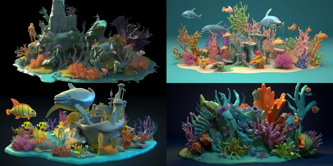 Create a 3D character model of an underwater civilization, featuring {{aquatic_species_1}}, {{aquatic_species_2}}, and {{aquatic_species_3}} as various aquatic humanoid species interacting harmoniously in a vibrant coral reef setting. Capture the themes of unity, environmental harmony, and advanced technology through the use of unique architectural designs, colorful coral formations, and inventive transportation methods. Incorporate a range of artistic styles inspired by {{artist_1}}, {{artist_2}}, and {{artist_3}}, while implementing a visual aesthetic that combines elements of solarpunk, bioluminescent surrealism, and aquatic steampunk. Utilize the mediums of digital 3D modeling, virtual reality rendering, and holographic display as a means of showcasing this enchanting underwater civilization.