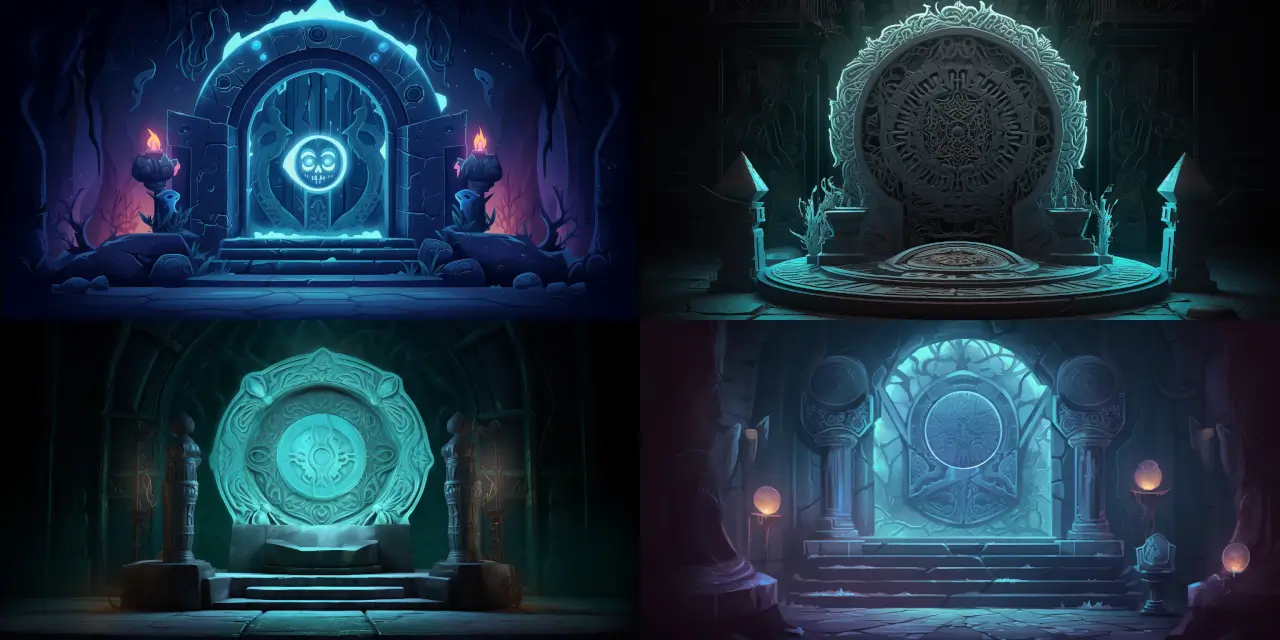 Design a glowing, mystical portal in a dark, ancient chamber, adorned with supernatural symbols for Anime Background Art. The portal should emit {{color_1}} light, surrounded by {{symbol_1}} and {{symbol_2}} symbols. The chamber walls should be made of {{material_1}} and covered in {{pattern_1}} designs. Include a mysterious {{artifact_1}} on a pedestal casting {{shadow_1}} shadows. Emphasize the atmosphere with {{art_style_1}} and render in {{medium_1}} to create a sense of {{theme_1}} and {{feeling_1}}.