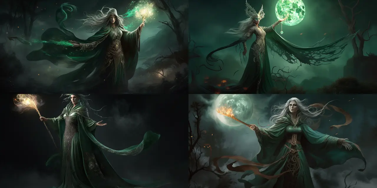 A detailed dynamic prompt for "4. A wise sorceress draped in a flowing emerald cloak, casting a powerful spell with her enchanted staff, illuminated by the glow of a full moon. Fantasy Character Design":