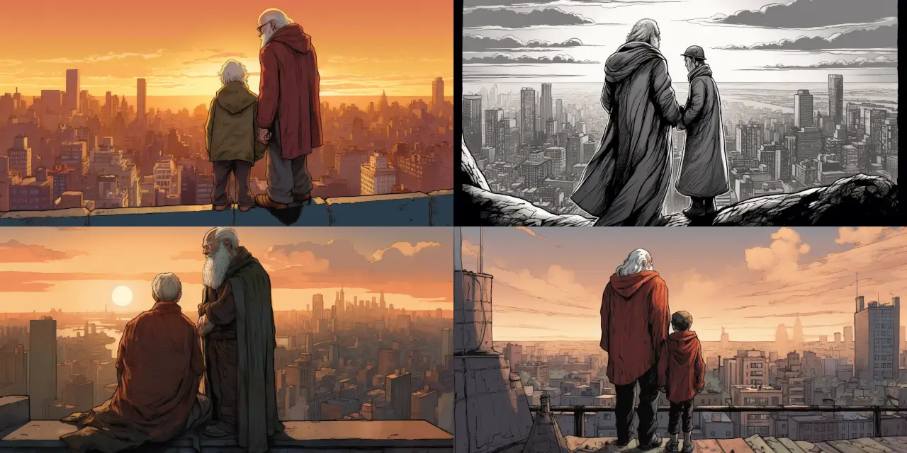 Draw a heartfelt farewell scene between a {{mentor}}, and their {{superhero_student}}, taking place on a rooftop overlooking the {{city}}. Capture the strong emotions and bond shared between the two characters as they say their goodbyes. Emphasize the theme of {{emotional_theme}} within the Comic Book Art style. For added depth, feel free to include details such as the time of day, weather, and specific architectural elements in the cityscape.