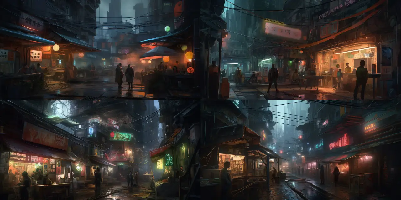 Create an image of a lively cyberpunk marketplace, bustling with a variety of characters such as {{character_1}}, {{character_2}}, and {{character_3}}, including augmented humans and androids. The scene should also feature exotic technologies available for purchase such as {{technology_1}}, {{technology_2}}, and {{technology_3}}. Incorporate cyberpunk art elements to enhance the atmosphere, and consider using {{art_style_1}} or {{art_style_2}} techniques for a unique visual representation.