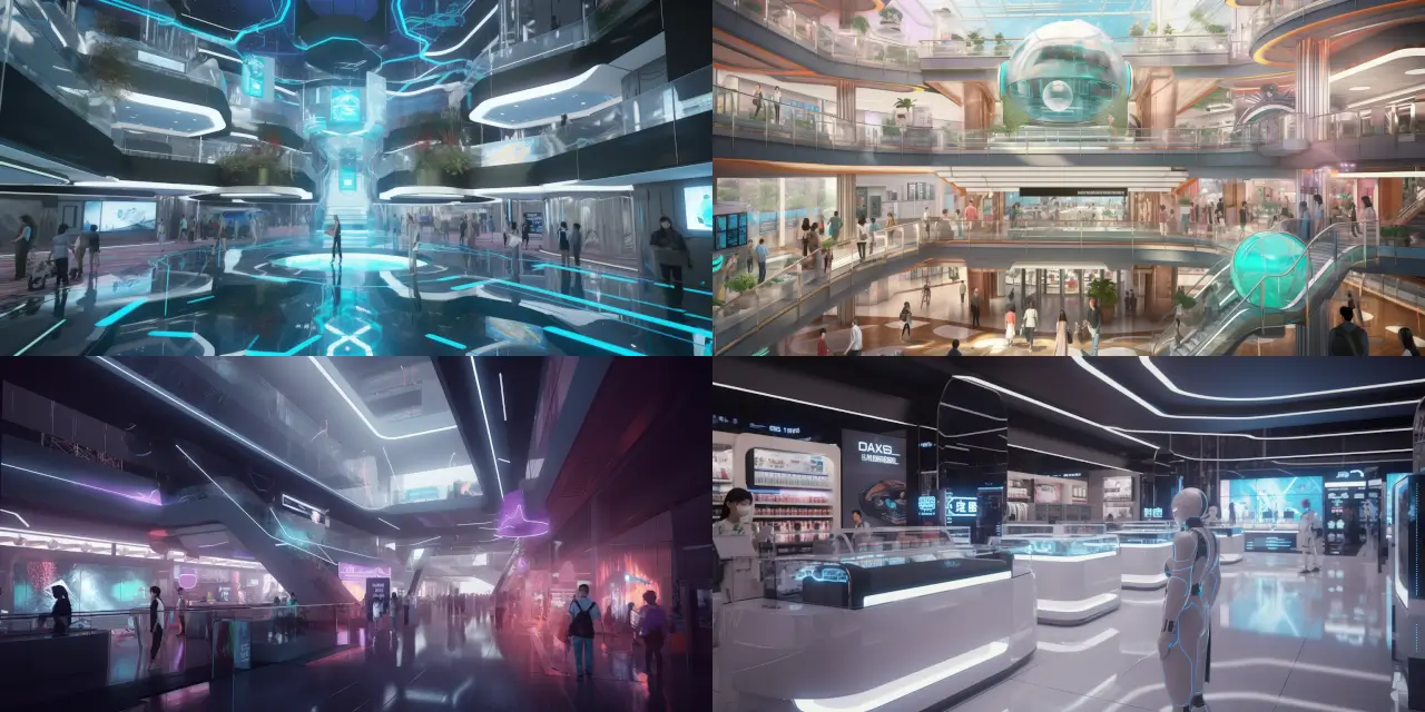 Showcase a futuristic shopping mall teeming with life and energy, featuring a diverse mix of {{clientele_type_1}} and {{clientele_type_2}} interacting with cutting-edge {{AI_assistant_type}} store assistants. Highlight various forms of innovative entertainment activities available, enabling both {{clientele_type_1}} and {{clientele_type_2}} to socialize and relax. Dive into the intricate world of robot and AI design, incorporating elements of {{design_style_1}}, {{design_style_2}}, and {{design_style_3}} in the overall composition. Capture the essence of this interconnected society where the boundaries between technology and humanity seamlessly blend, using a medium such as {{art_medium}} to bring the scene to life.