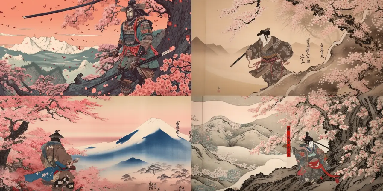 Depict a wandering samurai, {{emotion}}, wearing {{armor_style}} armor and wielding a {{weapon}}. Surround him with falling {{element_1}} petals, set against a breathtaking {{landscape_style}} Japanese landscape as the background. Capture the essence of {{art_genre}}.