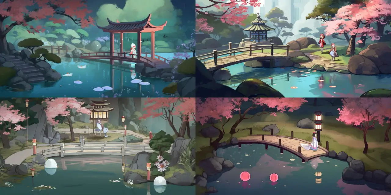 Craft a serene Japanese garden scene featuring {{element_1}} koi fish, {{element_2}} stone lanterns, and an anime character wearing a traditional {{element_3}} yukata with {{element_4}} flowers in their hair. Incorporate a sense of {{theme_1}} and {{theme_2}} to reflect the beauty and tranquility of the environment. The art style should be inspired by {{artist_1}} and {{artist_2}}, while using {{medium_1}} as the primary medium. Emphasize the details of the koi fish, stone lanterns, and the traditional yukata to create an immersive experience. Don't forget to include the term "Anime-Styled Game Art" at the end of the prompt for clarity.