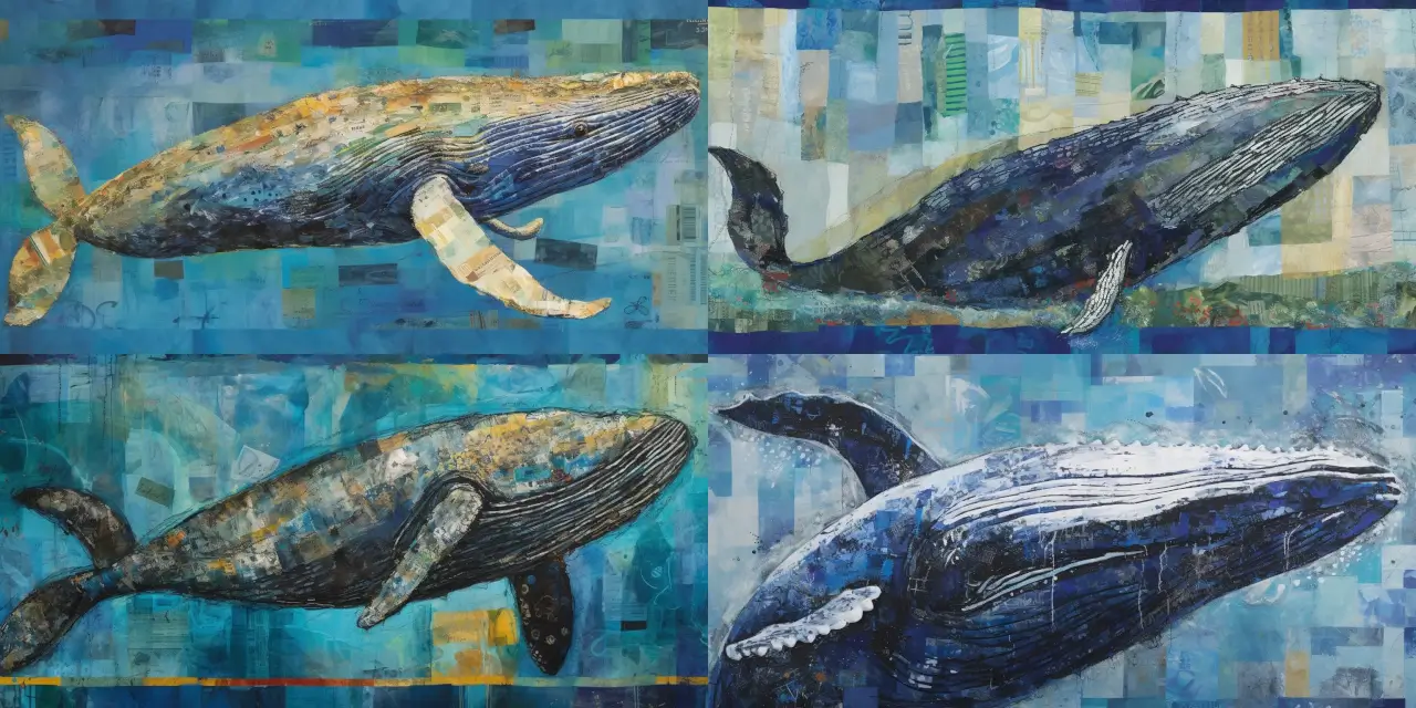 Create a mixed-media collage that combines real-life textures and colors, depicting the awe-inspiring {{subject_1}}, the endangered blue whale, gracefully swimming in the depths of the ocean. Emphasize the size comparison between the {{subject_1}} and other marine species to highlight their significance in the ecosystem. Incorporate elements of {{art_style_1}} and {{art_style_2}} to enhance the visual impact of the piece. Capture the essence of the Endangered Species Art movement through your portrayal of this gentle giant and its fragile existence in the vast underwater realm.