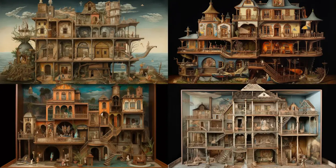 A surrealistic scene featuring a {{disjointed_antique_dollhouse}}, inhabited by {{number_of_creatures}} mythical creatures such as {{creature_1}}, {{creature_2}}, and {{creature_3}}, interacting in bizarre and fantastical ways within the structure - the style evoking masters of Surrealism like Salvador Dali or Rene Magritte. The painting should display a blend of {{medium_1}} and {{medium_2}} in order to capture the otherworldly nature of the environment and emphasize the dreamlike setting.