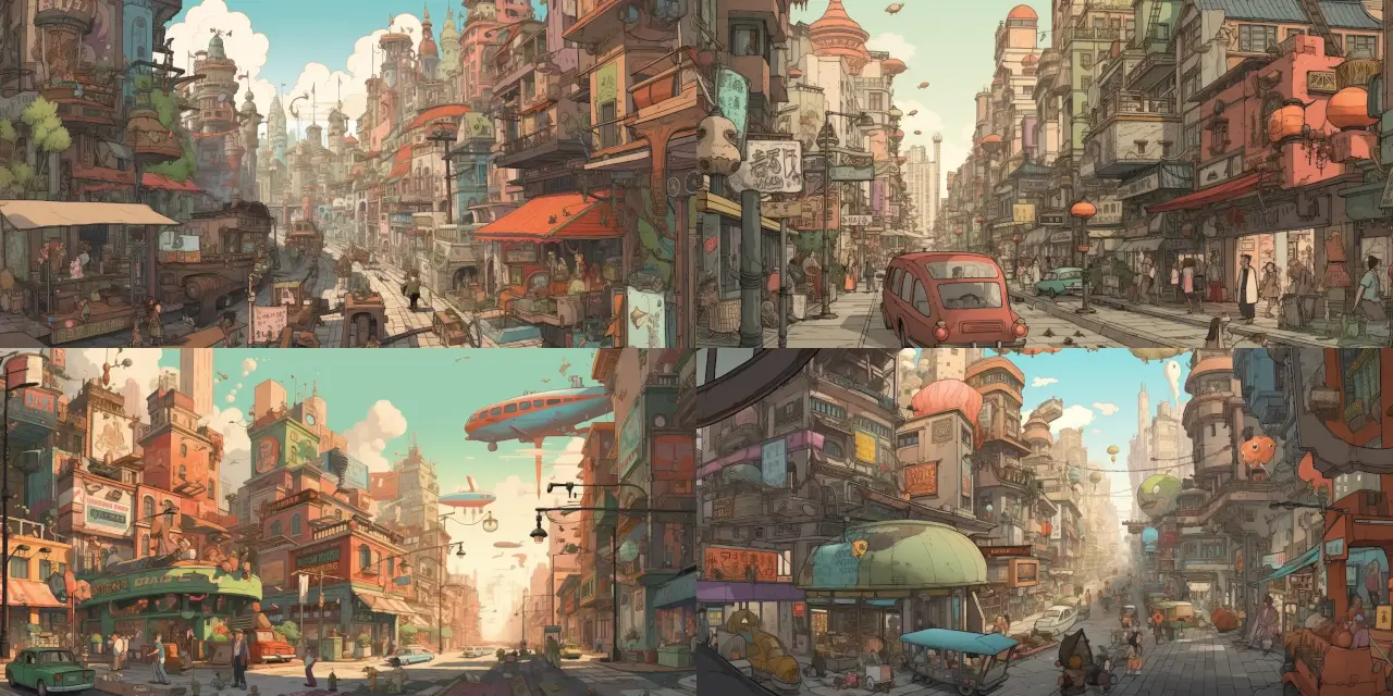 A bustling cartoon-style cityscape featuring {{city_feature_1}}, and {{city_feature_2}}, with flying cars driven by {{animal_driver_1}} and {{animal_driver_2}}, populating humorous pedestrians like a {{occupation_1}} on stilts and a time-traveling {{occupation_2}} playing the accordion. Focus on the eccentric architecture with hints of dystopian elements such as {{dystopian_feature_1}} and {{dystopian_feature_2}}, while incorporating the vibrant and playful aesthetic of Cartoon-Styled Game Art.