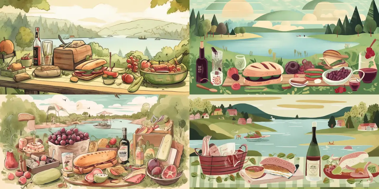 Illustrate a {{vibrant_1}}, {{whimsical_1}} picnic scene featuring a spread of delicious {{gourmet_sandwich_1}}, a variety of {{fresh_fruit_1}}, and an inviting bottle of {{wine_1}} for a gourmet sandwich shop's Food Packaging Design. Incorporate elements such as a picturesque {{picnic_location}}, a stylish {{picnic_blanket}}, and joyful {{picnic_goers}} enjoying their meal. Capture the essence of the sandwich shop in a {{art_style}} manner, with hints of inspiration from artists like {{artist_reference}}. Use a color palette that evokes the flavors and freshness of the gourmet ingredients, all brought together in a visually appealing {{medium_choice}}.