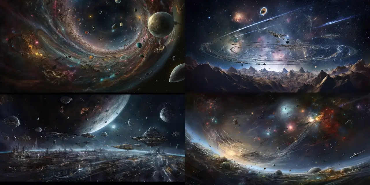 A cosmic scene showcasing {{number_of_spaceships}} spaceships, either approaching or emerging from a {{size_of_wormhole}} wormhole that bends space and time, surrounded by an awe-inspiring backdrop of {{specific_star_constellations}} star constellations, and {{number_of_galaxies}} far-reaching galaxies. The wormhole exhibits a sense of awe, drawing the viewer into the notion of exploring the unknown. The spaceships should have a distinct Sci-Fi & Space Art style, with intricate details that depict their futuristic and advanced technology. The stars, galaxies, and wormhole are portrayed using a vibrant color palette, similar to the works of {{artist_reference}}. Medium of choice: {{art_medium}}.