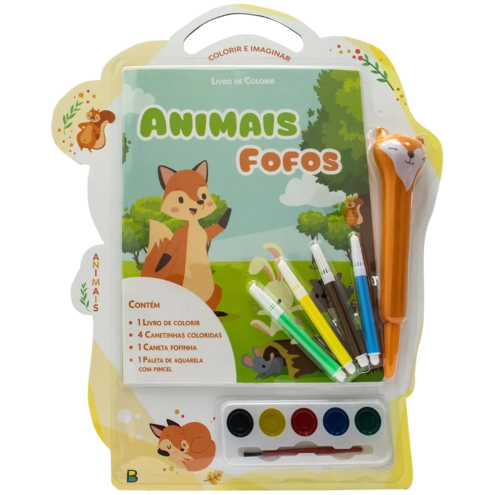 Livro de Colorir Animais Fofos C/Caneta Aquarela