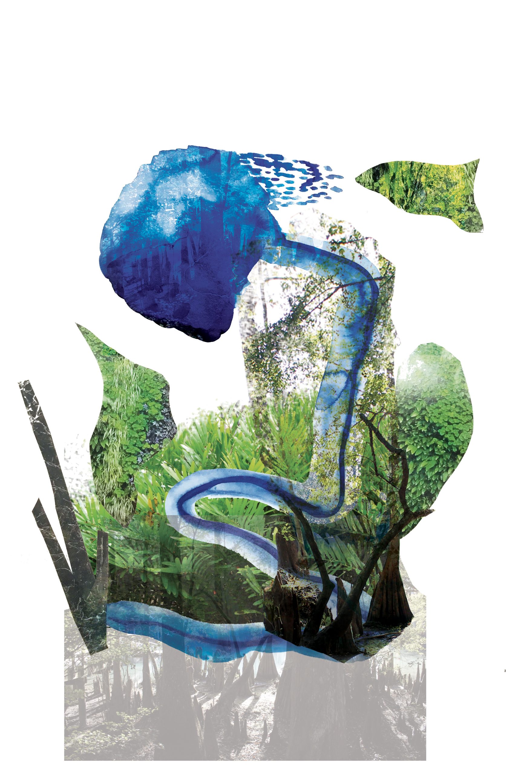 A double-exposed composite showing a swamp landscape with cypress trees and dark water overlaid with an urban cityscape and industrial structures, creating a layered silhouette against white space.