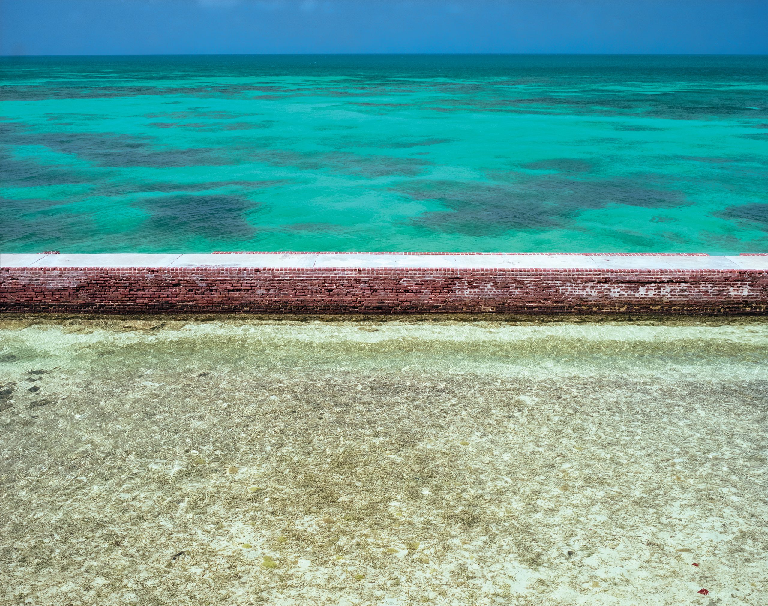 A dark wooden log lies across shallow turquoise water and pale sand near shore, with deeper turquoise water and clear sky visible beyond.
