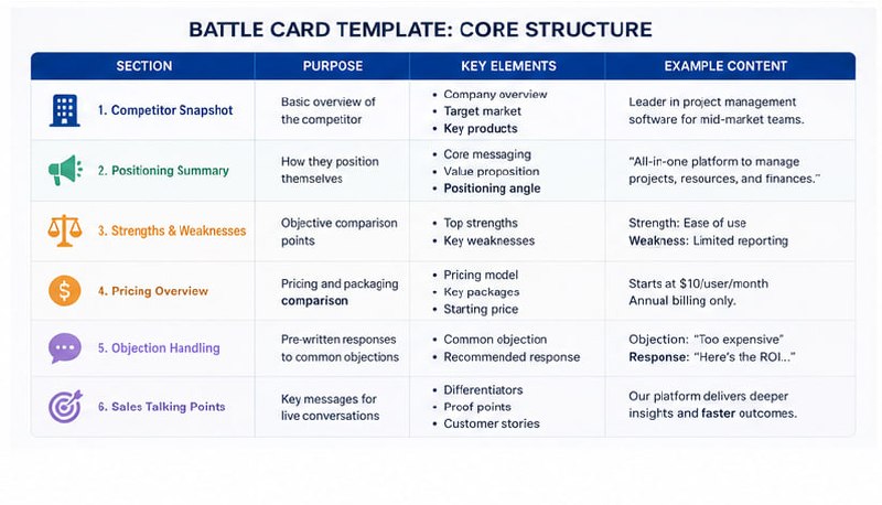 Three types of battle cards comparison — sales battle cards for live deals, marketing battle cards for positioning consistency, and competitive battle cards for strategic comparison