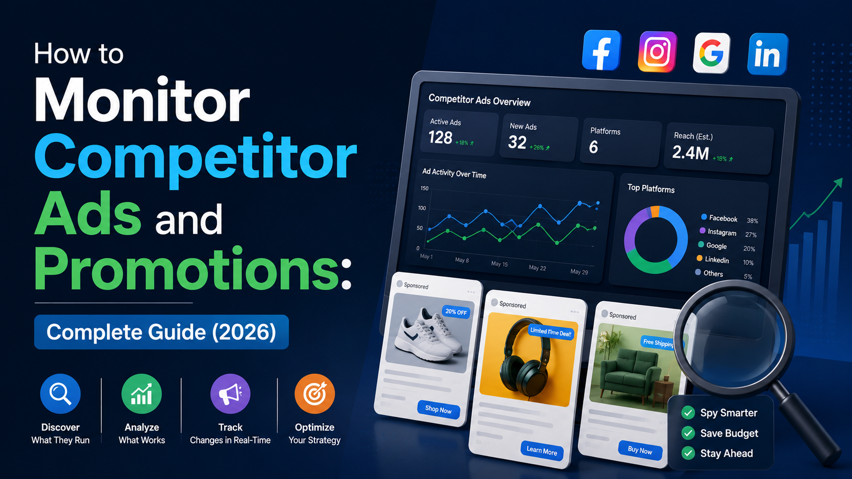 Competitor ad monitoring dashboard showing real-time campaign tracking across multiple channels