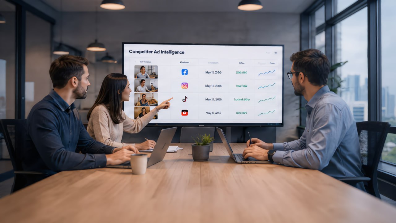 Competitor social media ad monitoring dashboard with real-time tracking across Meta, TikTok, LinkedIn, and YouTube