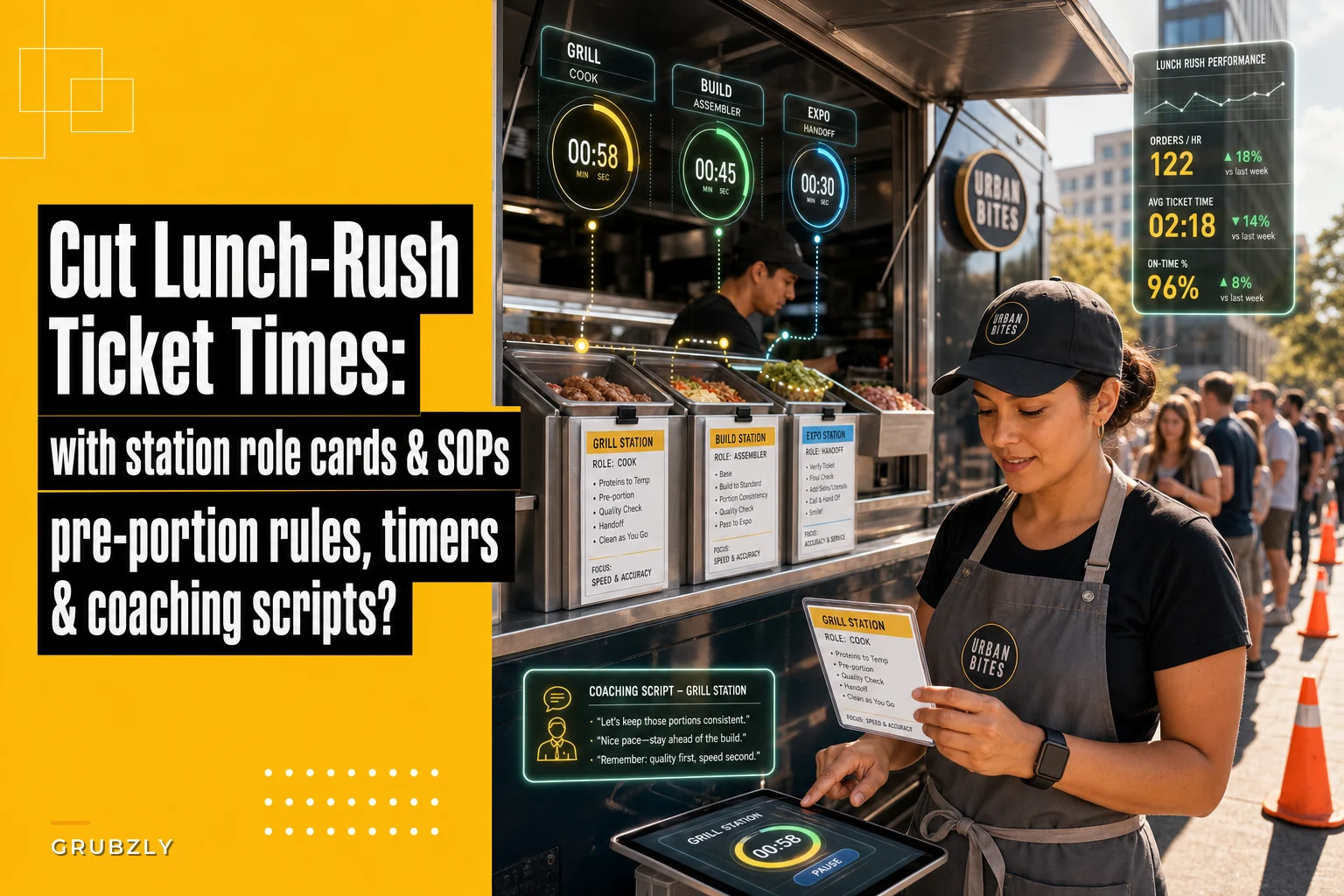 Cut lunch-rush ticket times: station role cards, pre-portion rules and time-motion SOPs for food trucks