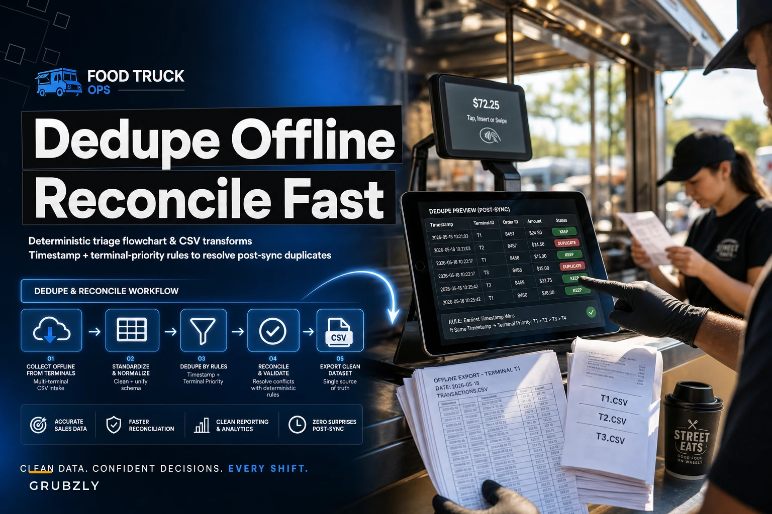 Multi-terminal POS dedupe and reconciliation workflow for offline days