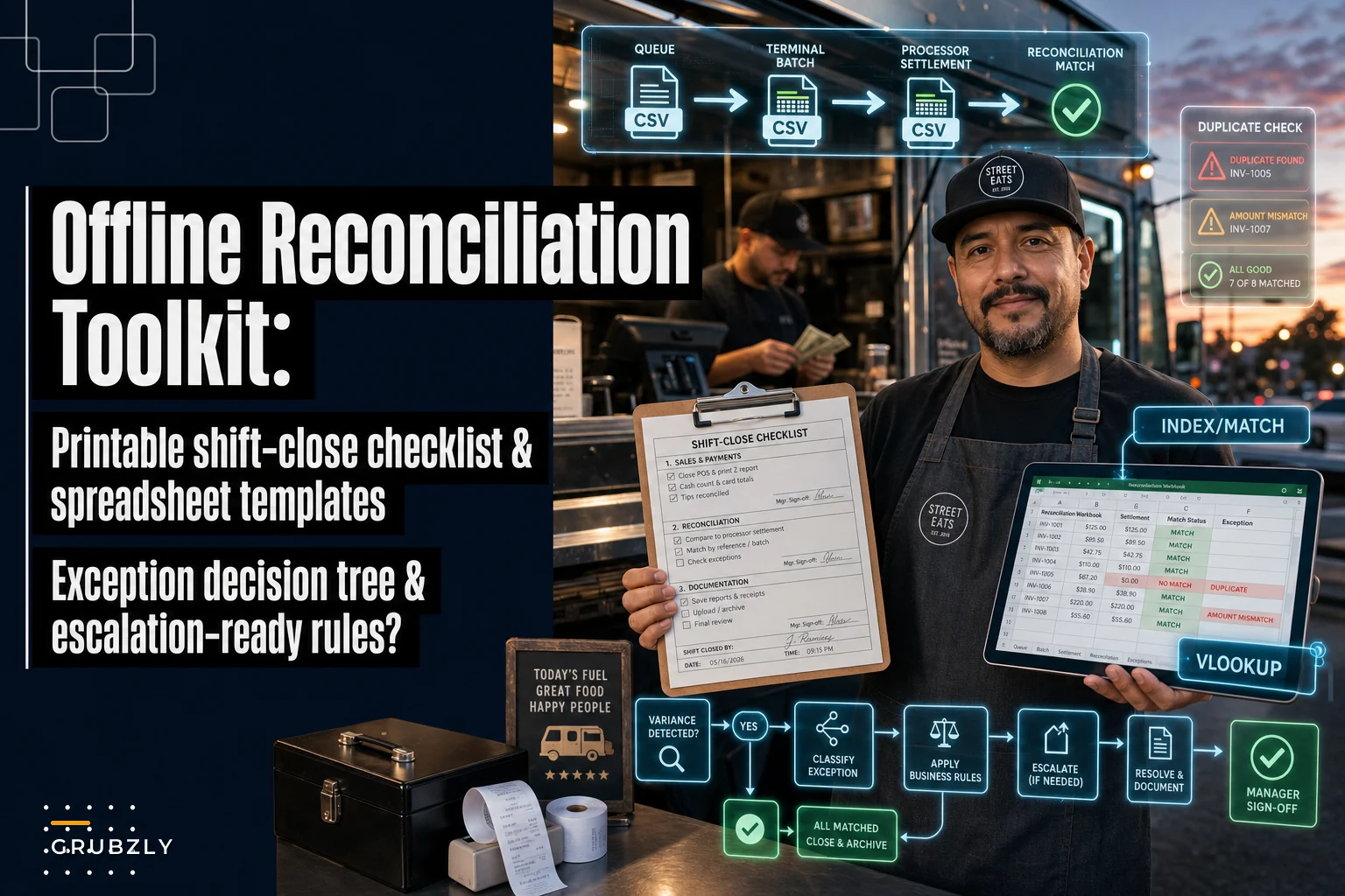 Offline Reconciliation Toolkit: Printable Shift‑Close Checklist, Spreadsheet Templates & Exception Decision Tree