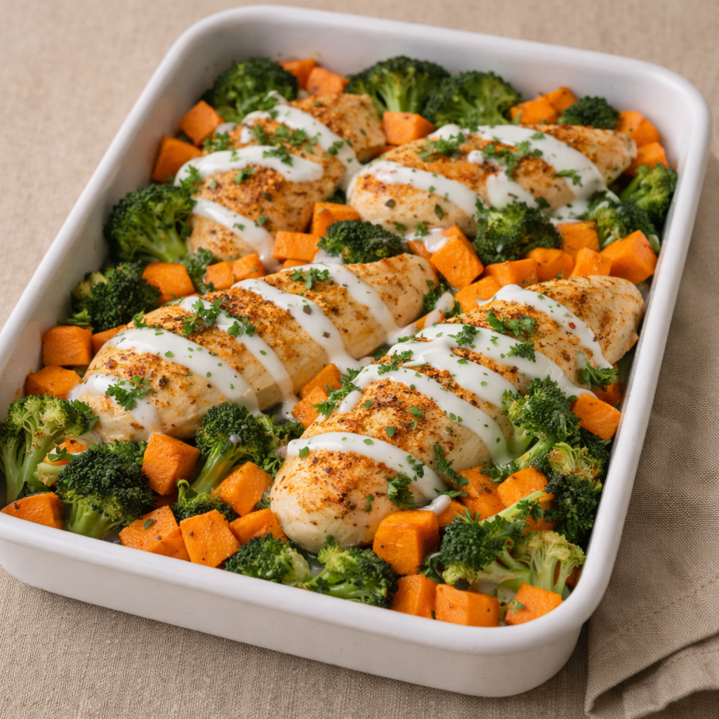 Ovnbagt kyllingefad med søde kartofler og broccoli