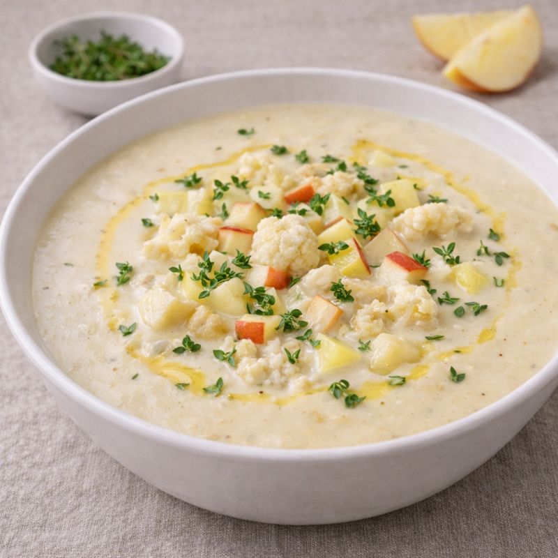 Cremet blomkålssuppe med æble og timian