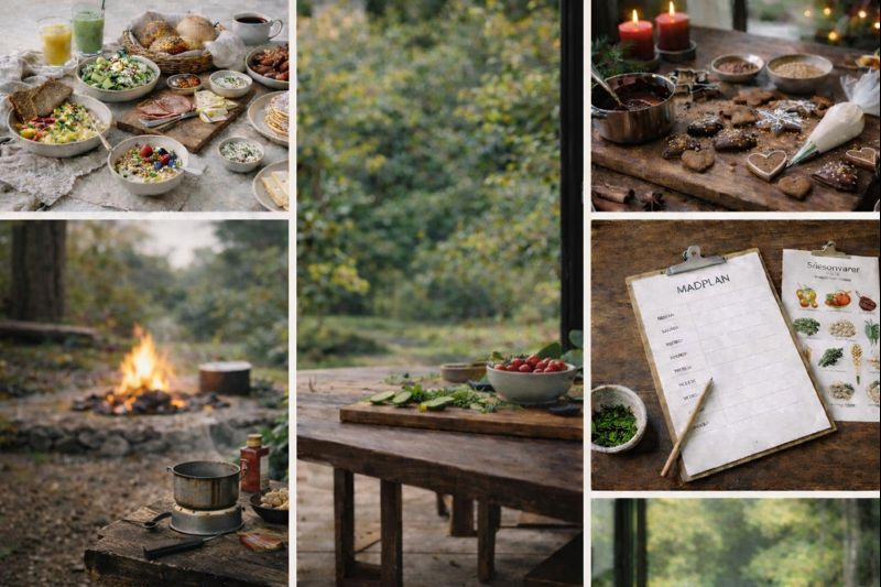 Nordisk køkkenstemning med sæsonråvarer, træbord og roligt lys fra naturen udenfor.