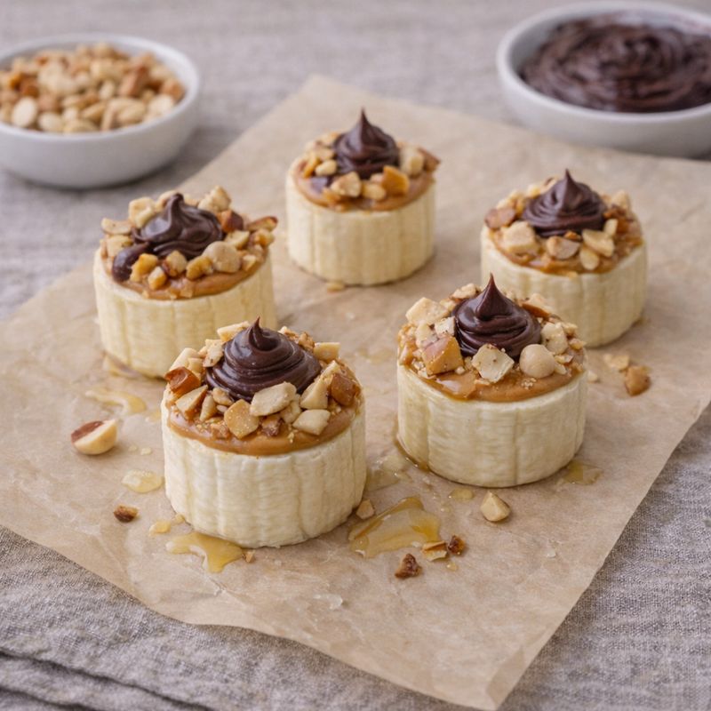 Snack med banan, peanutbutter, nødder og chokolade