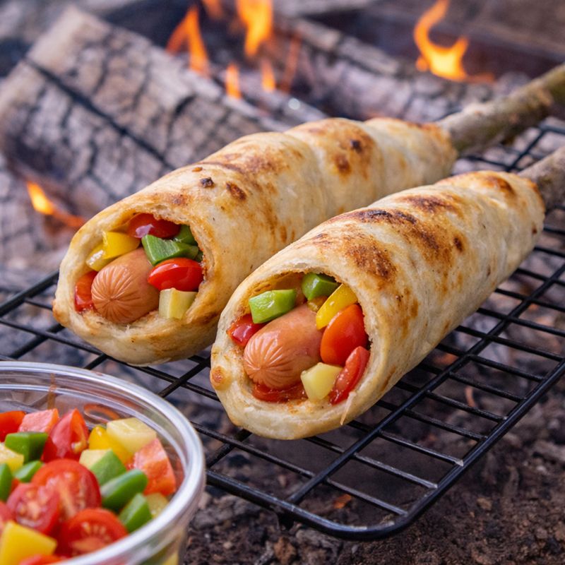 Bålbrød med pølse og grønt