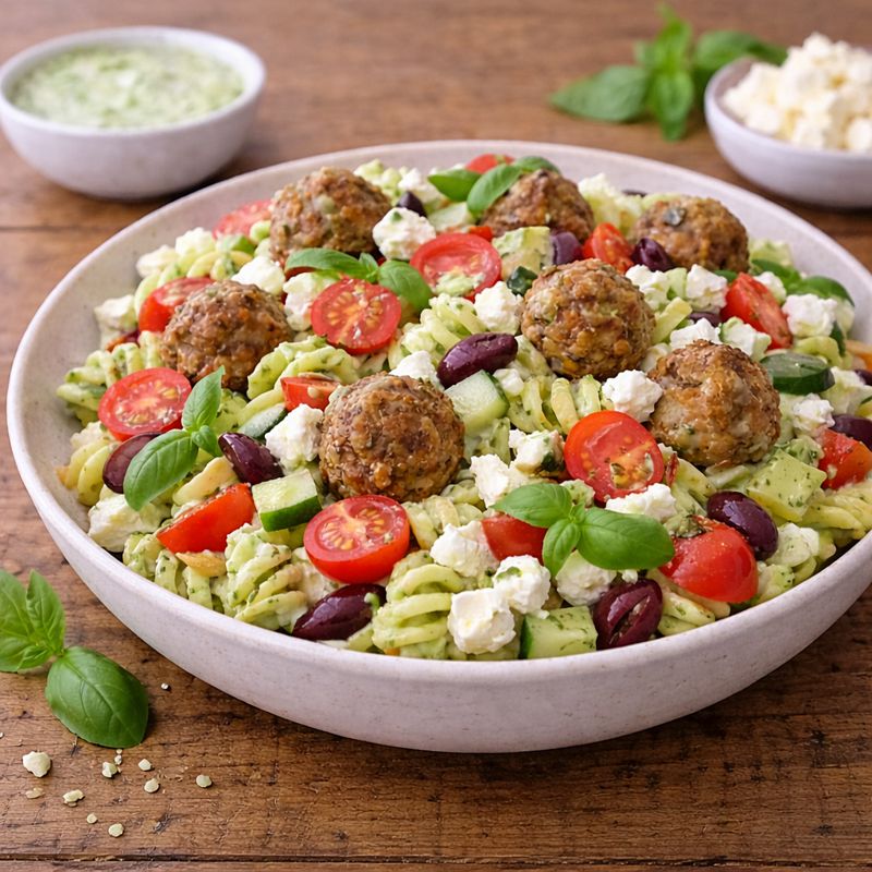 Græsk Pastasalat med Frikadeller & Basilikumdressing