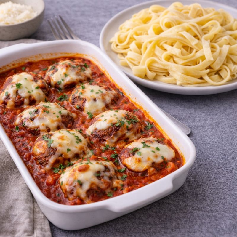 Hakkebøf i fad med tomatsauce og mozzarella