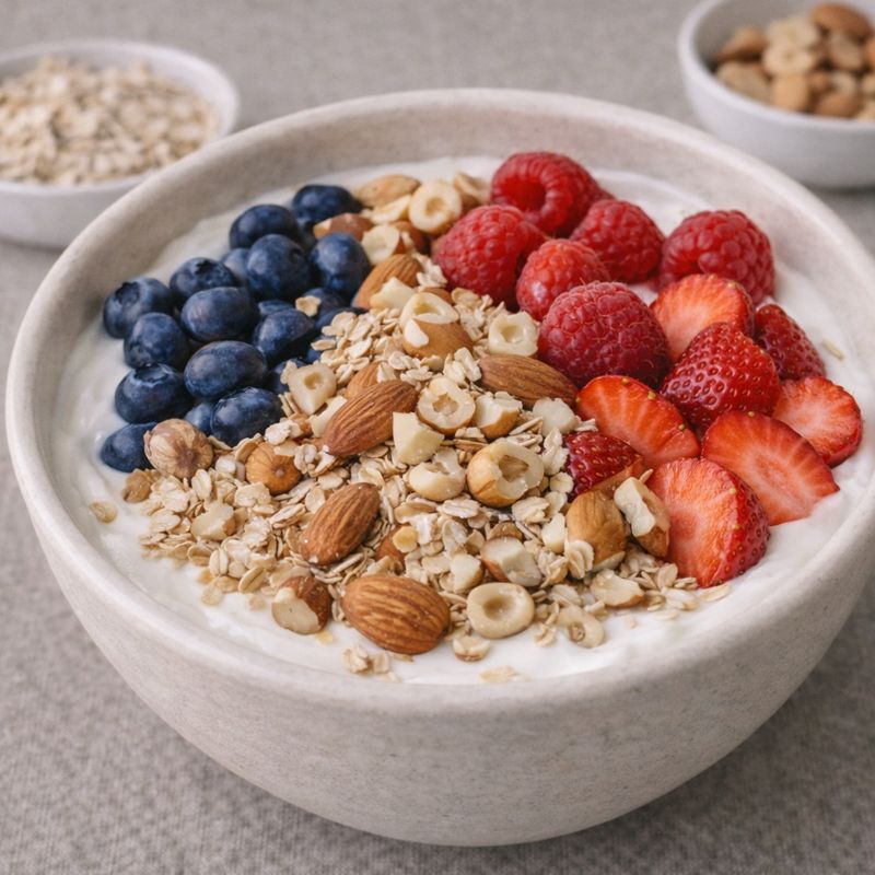 Skyr-bowl med havre, bær og nødder