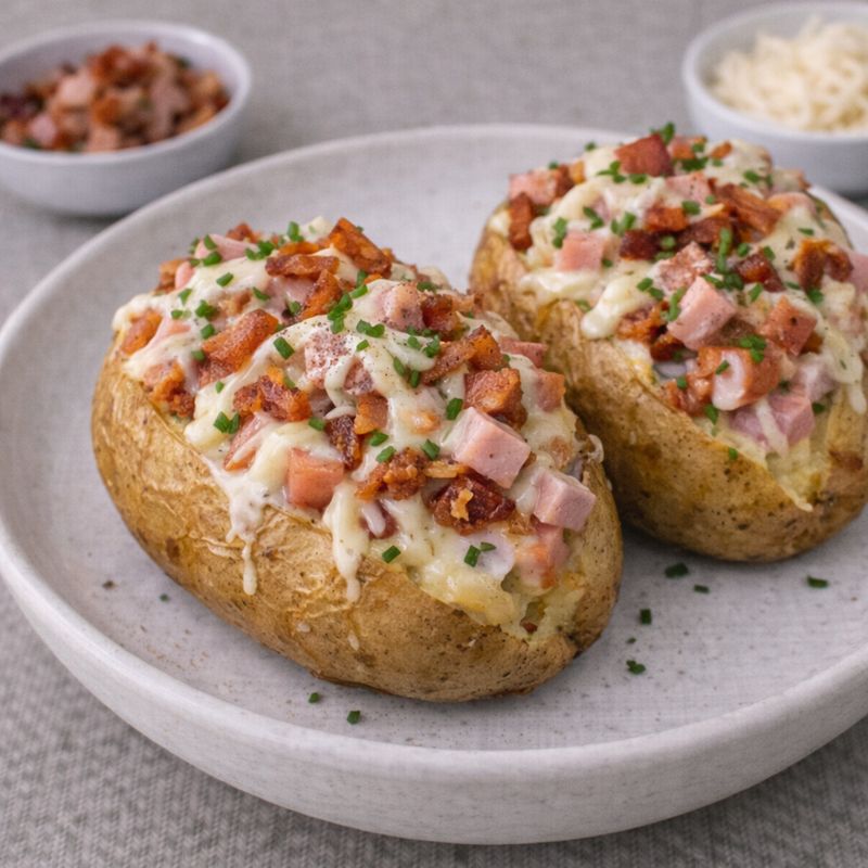 Fyldte bagte kartofler med skinke, bacon og mozzarella
