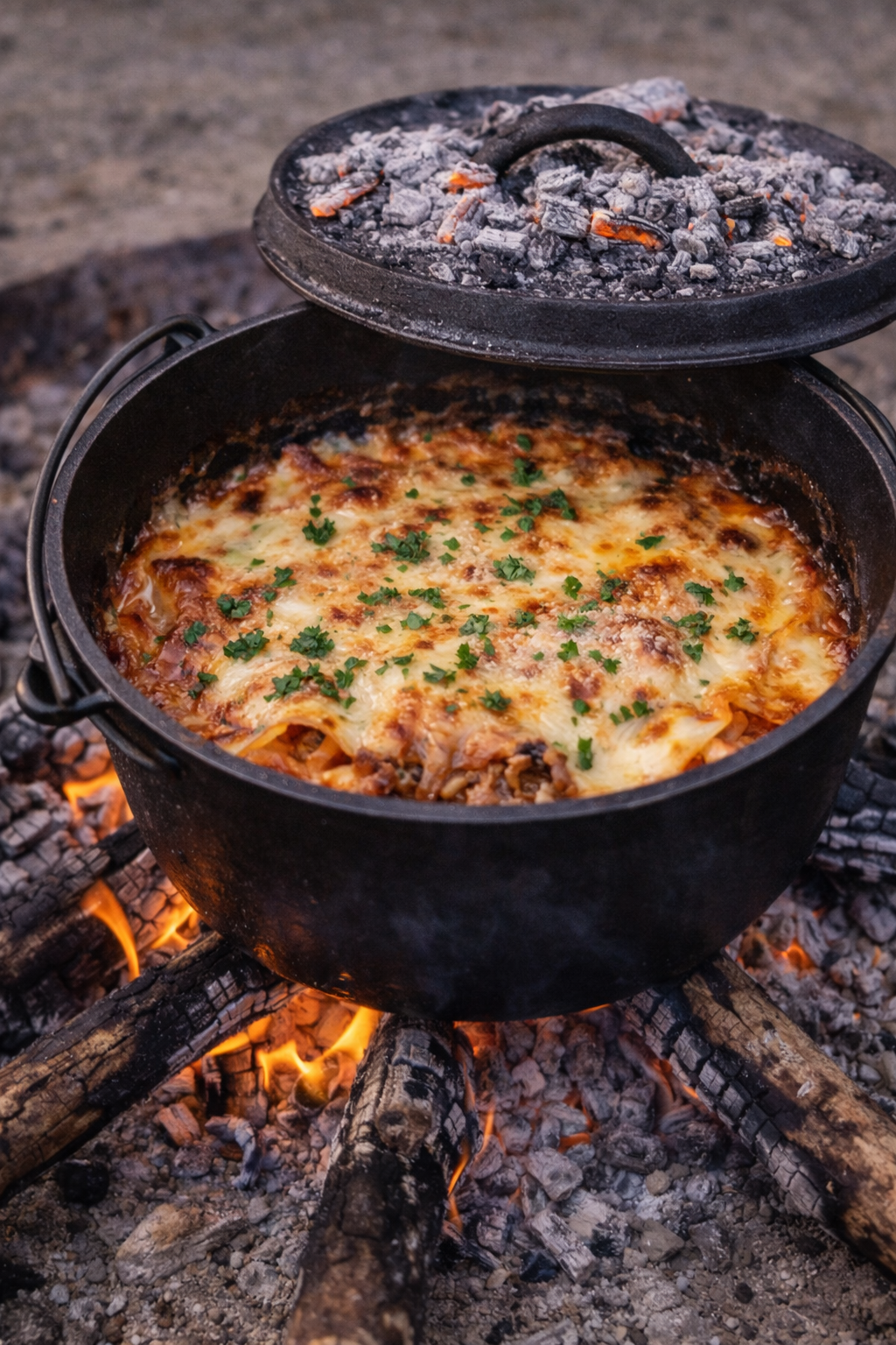 Lasagne over bål i støbejernsgryde
