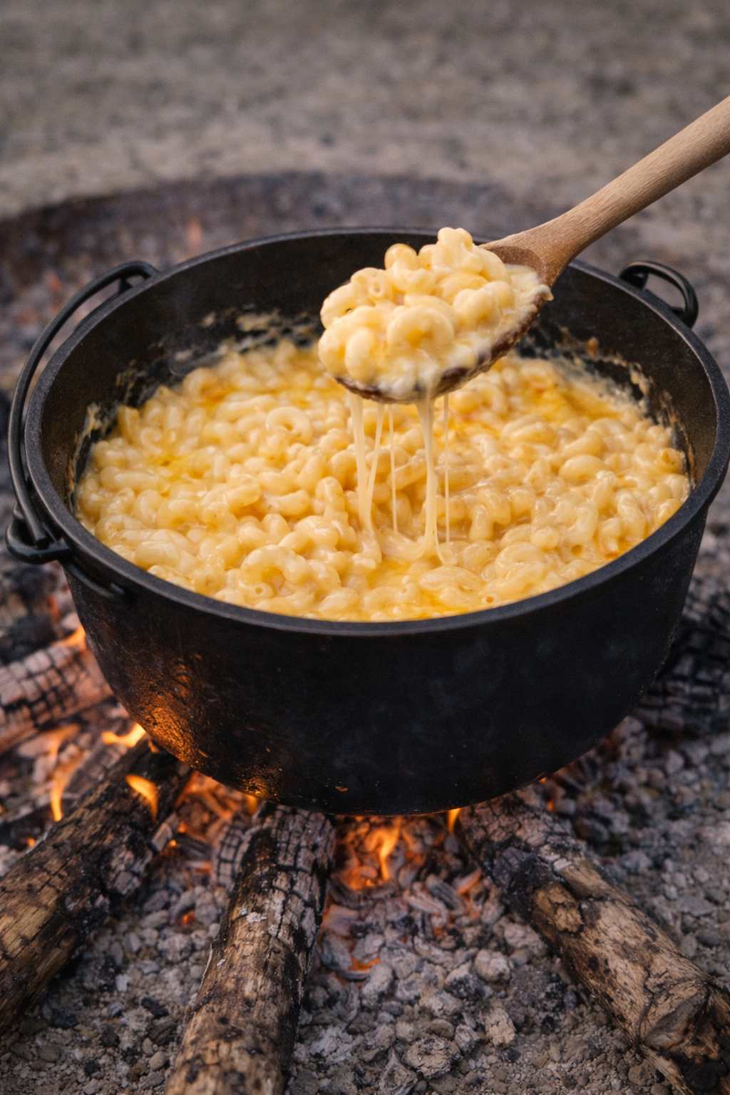 Mac & cheese over bål i støbejernsgryde