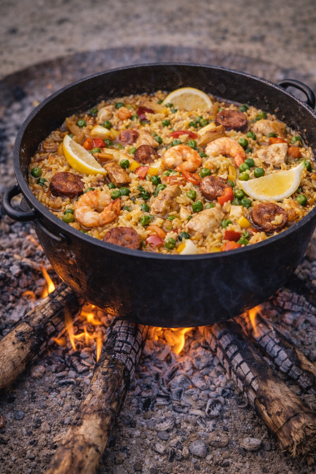 Paella over bål i støbejern