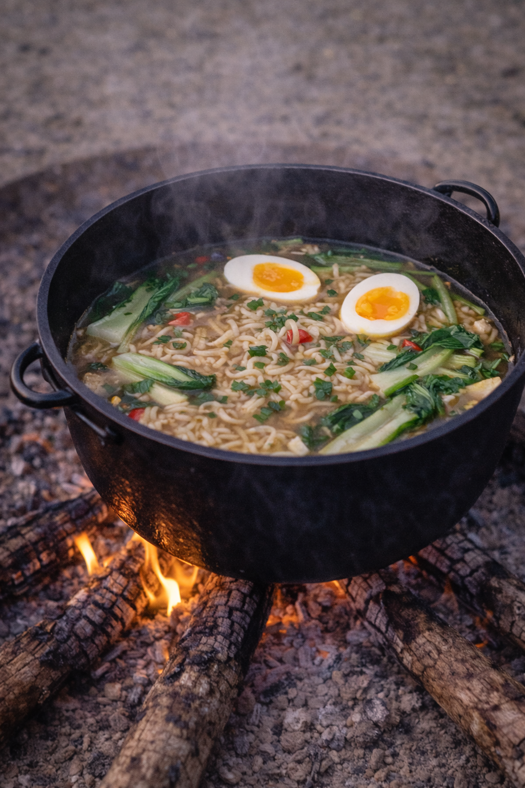 Risnudler med bouillon over bål (ramen-style)