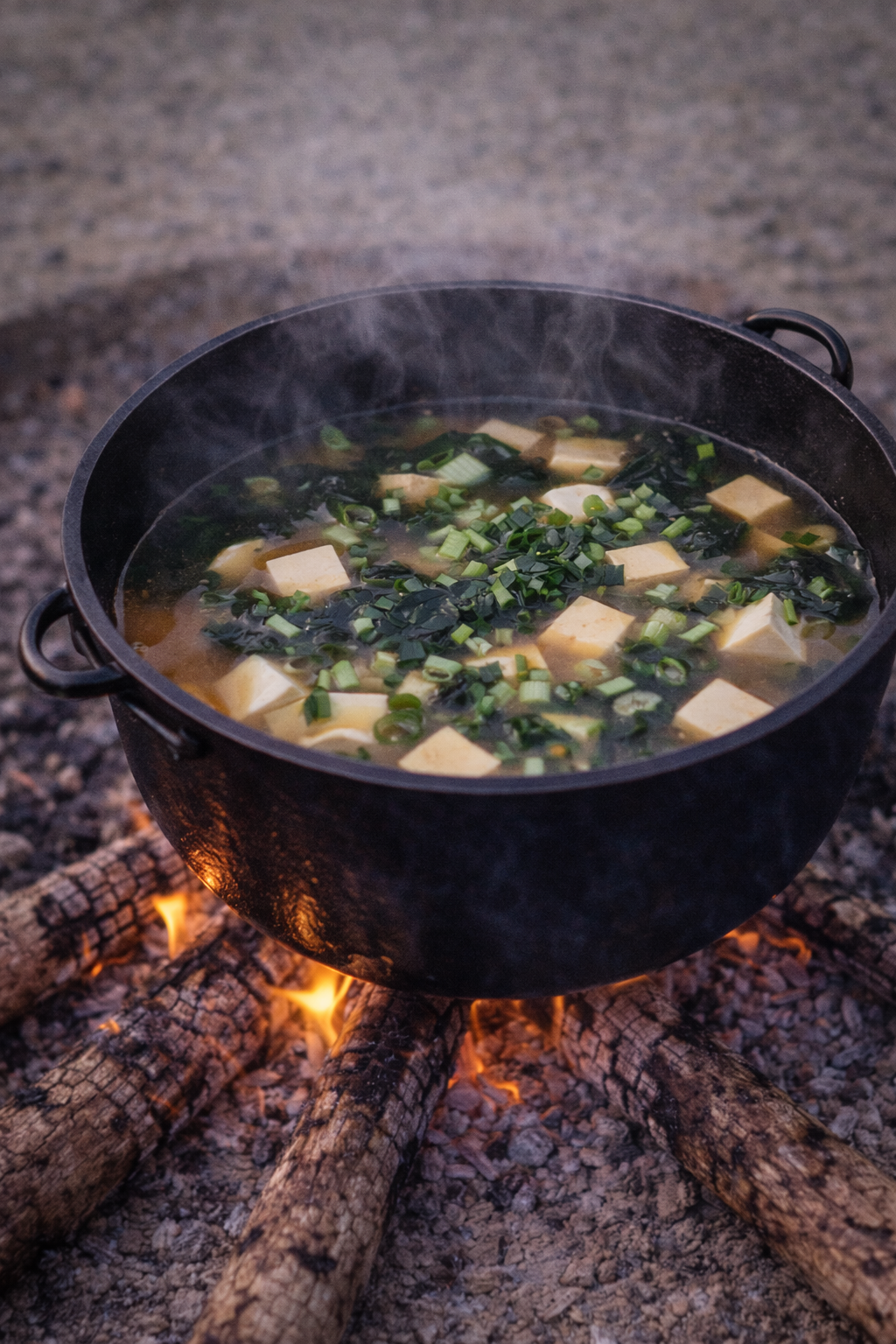 Miso-suppe med tofu over bål
