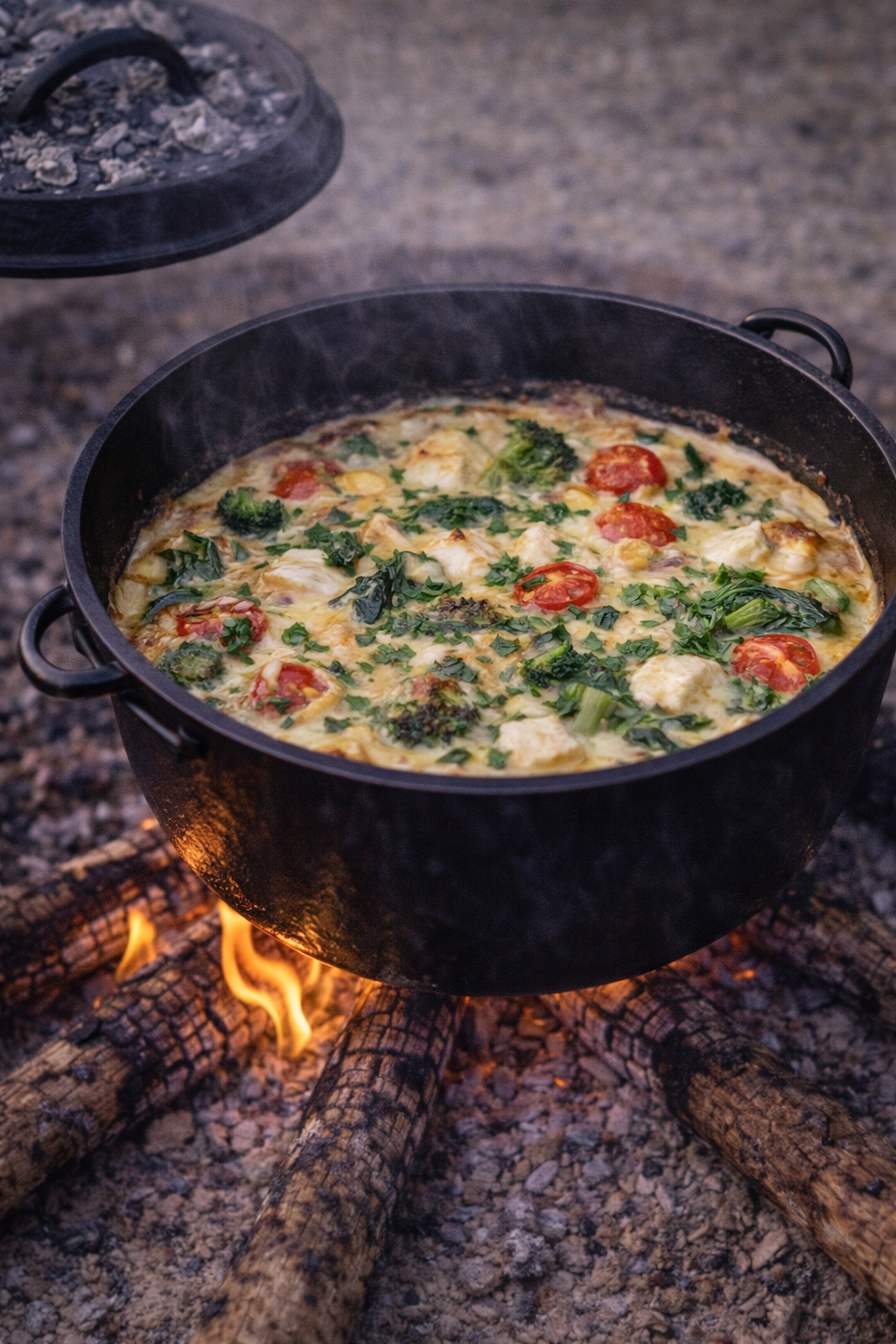 Salt clafoutis med grønt over bål