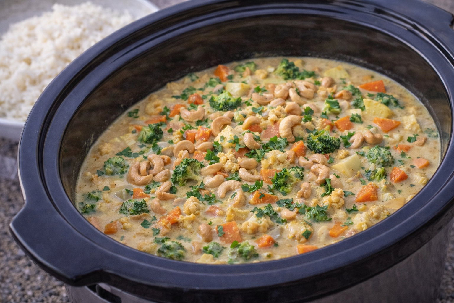 Vegetarisk korma med kokos og cashew i slowcooker
