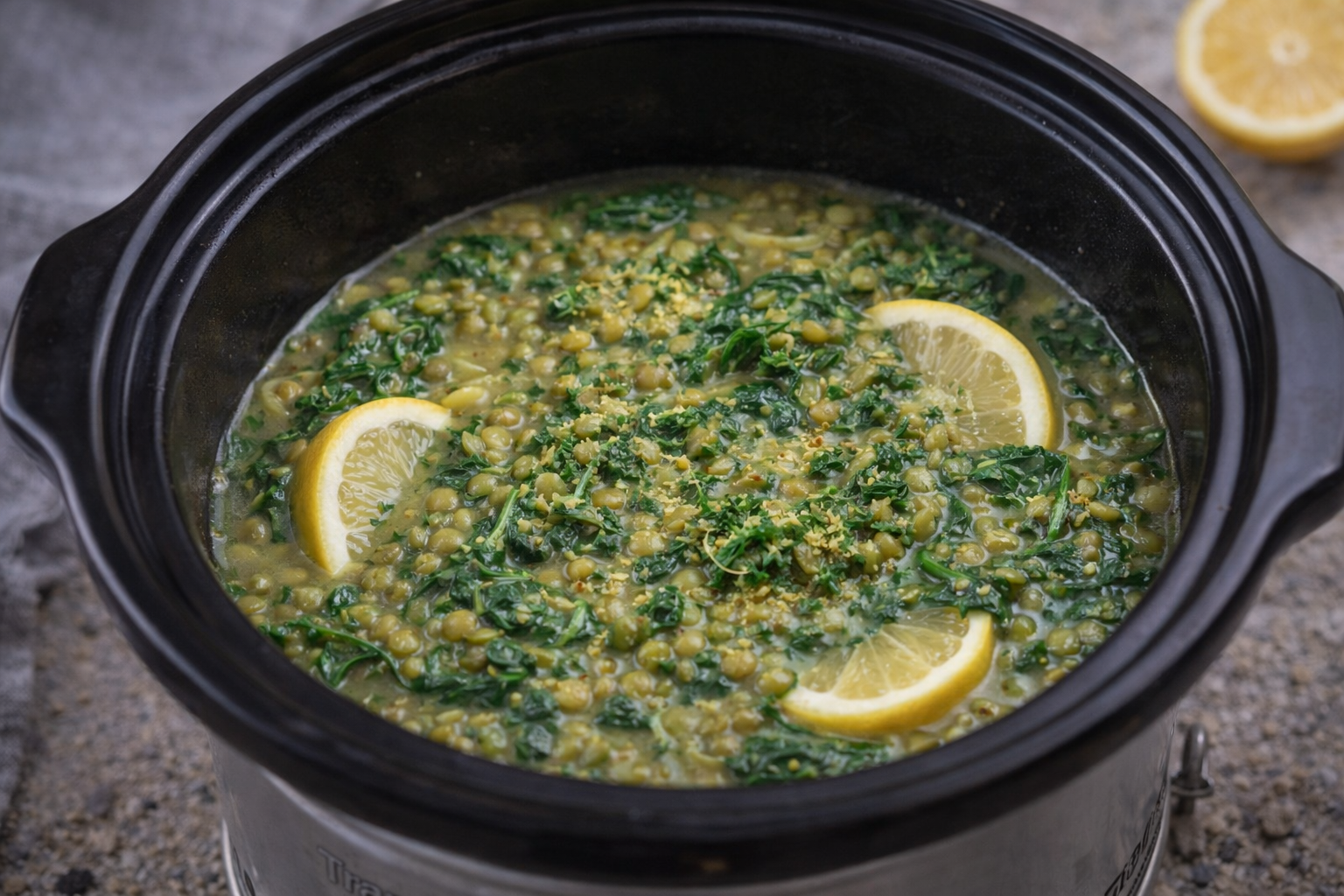 Grøn linsegryde med spinat og citron i slowcooker
