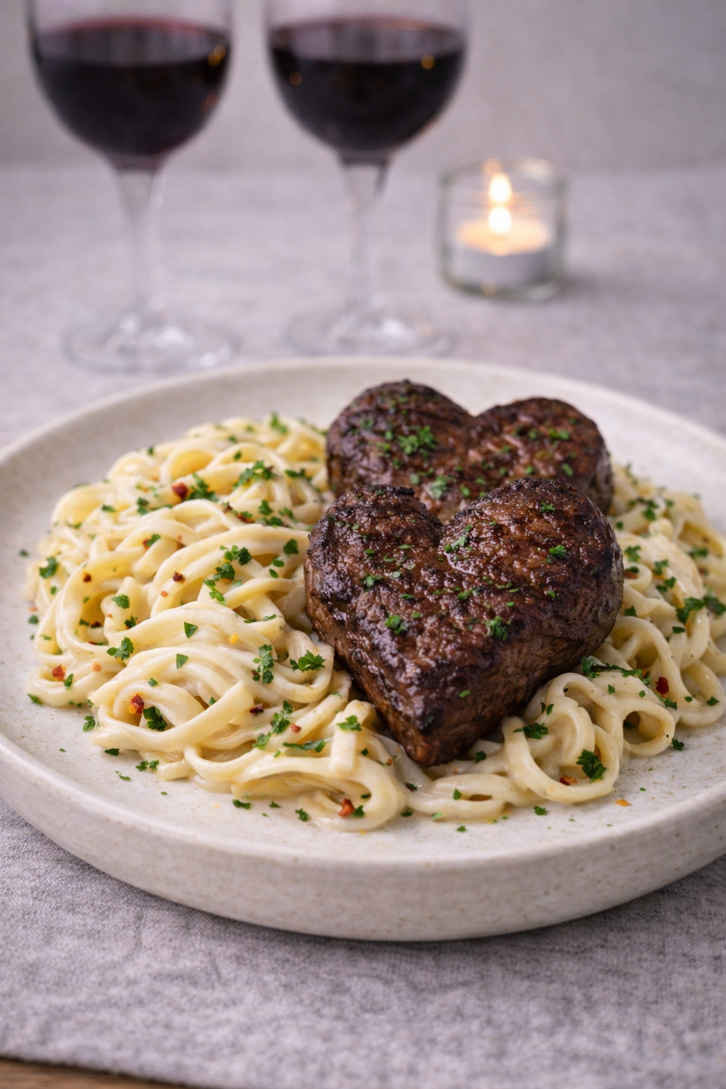 Date night pasta med hjerteformede bøffer