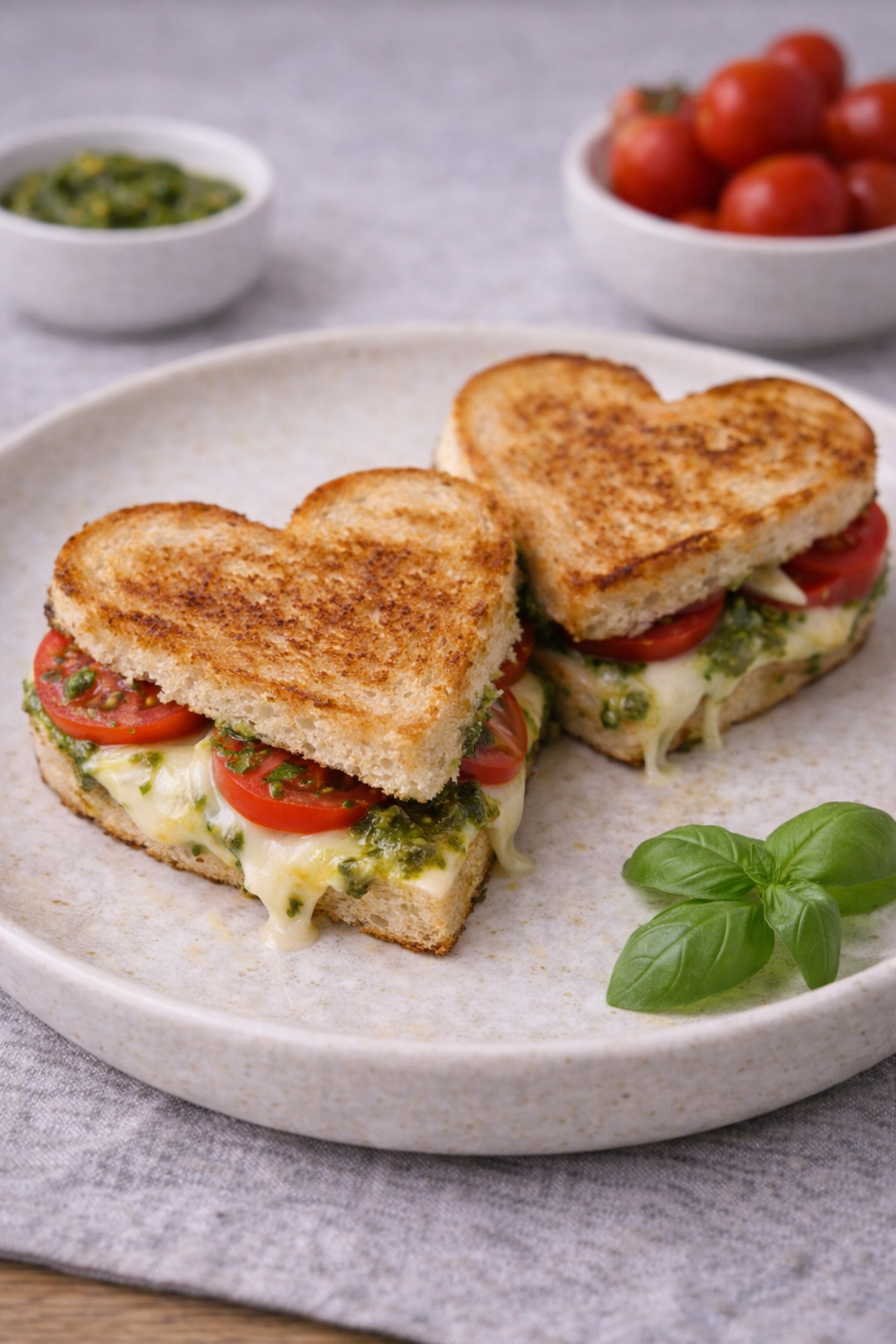 Hjerteformet toast med mozzarella, tomat og pesto