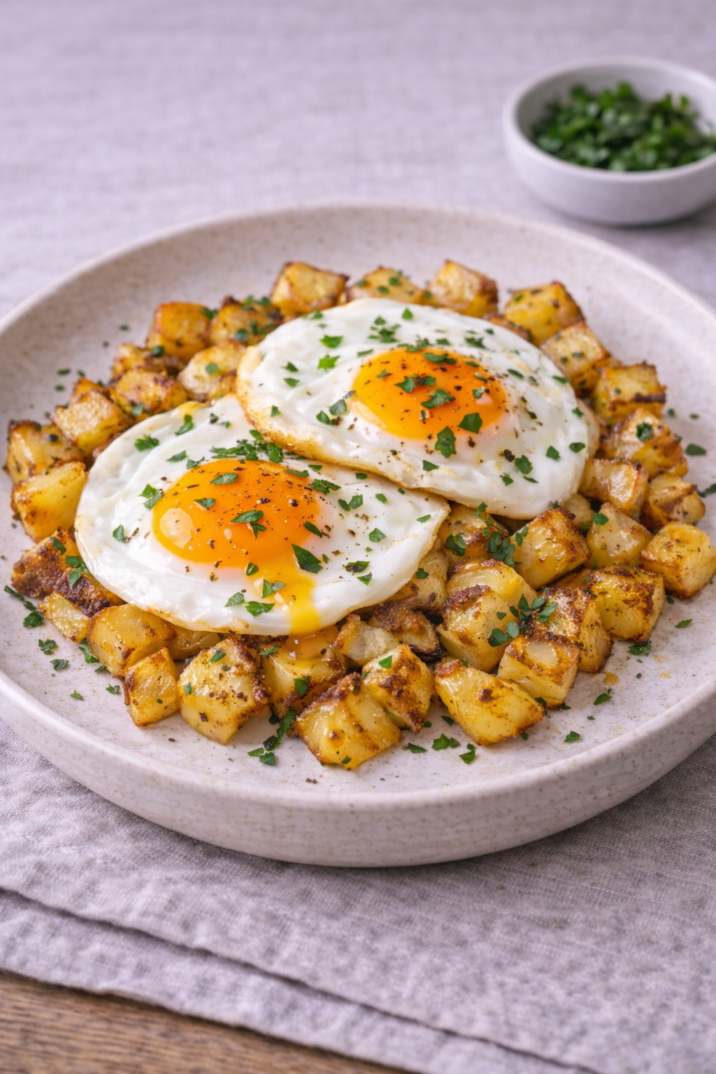Sprøde morgenmadskartofler med spejlæg