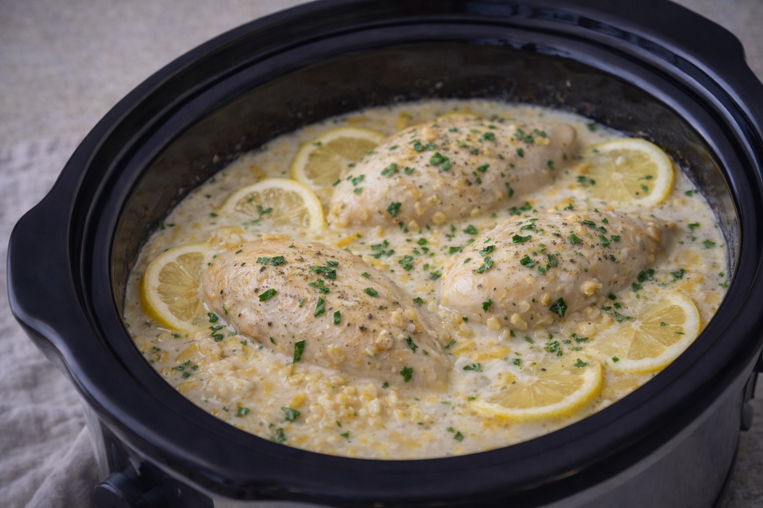 Slowcooker citron–hvidløg kyllingebryst