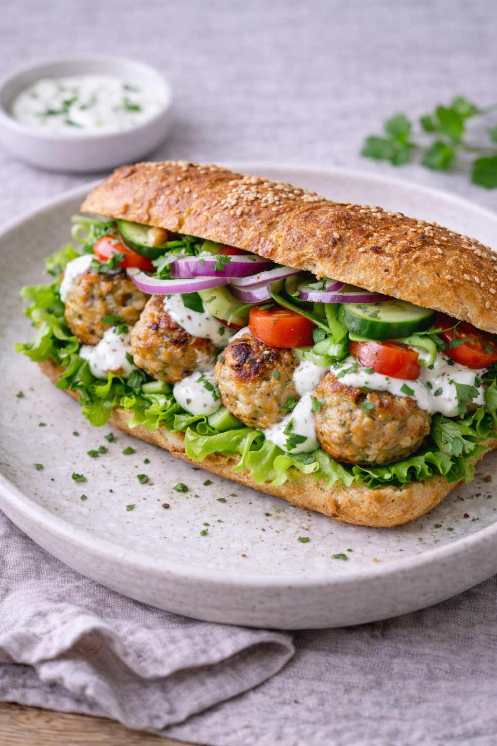 Kyllingefrikadelle-sandwich med grønt og yoghurtdressing