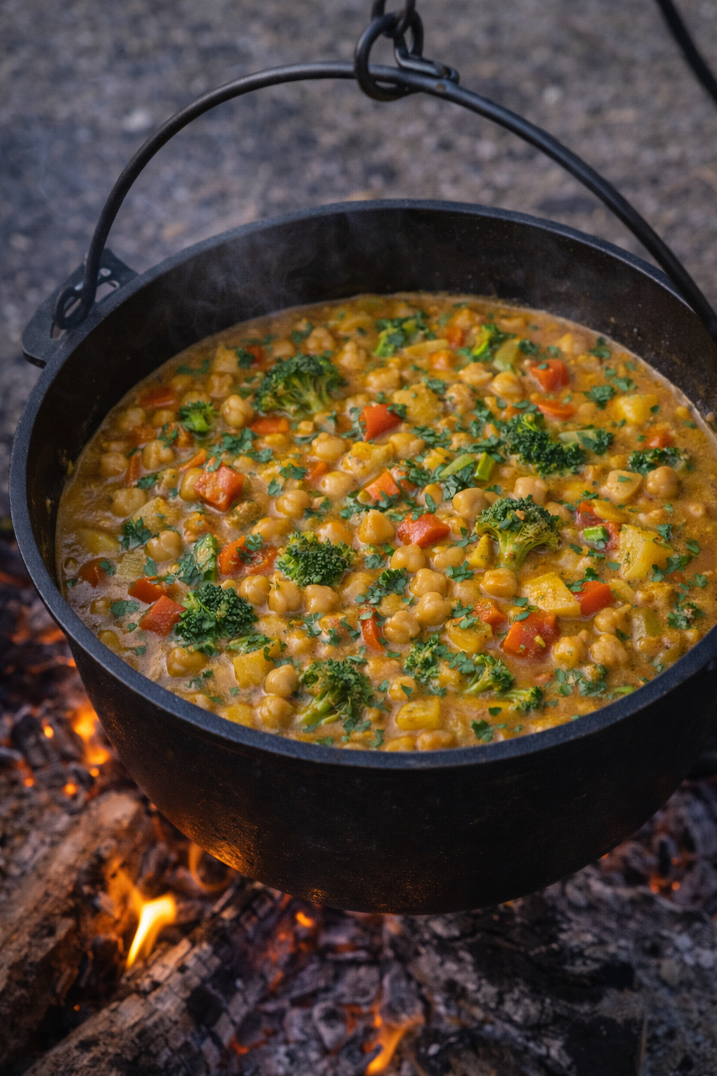 Vegetarisk curry med kikærter over bål