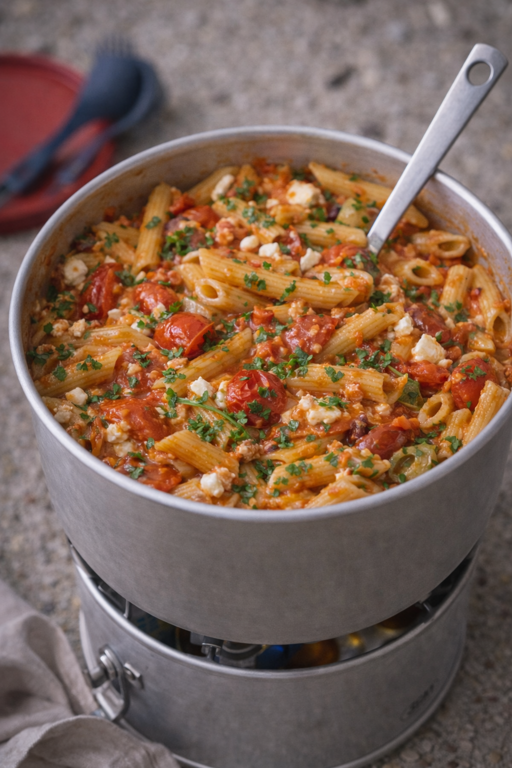 One-pot pasta med tomat og feta i trangia