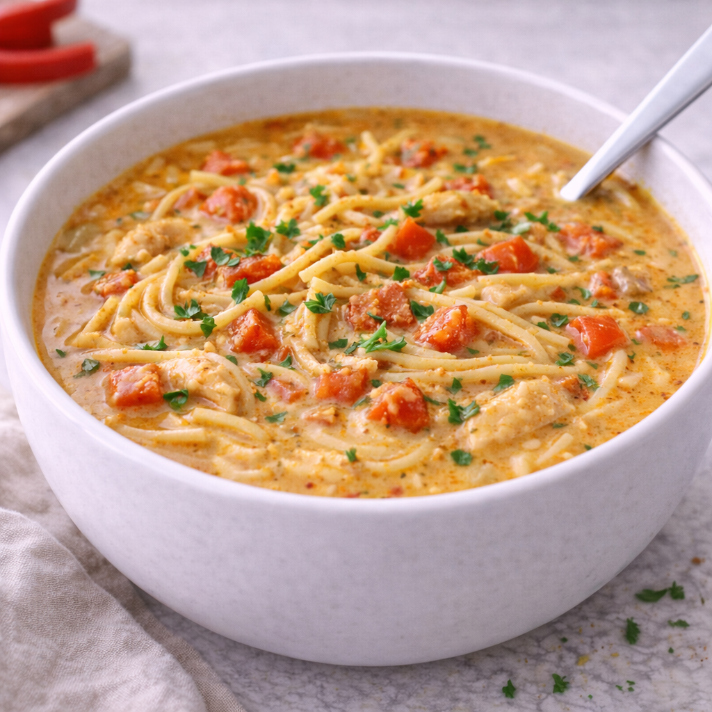 Cremet cajun kyllingesuppe med spaghetti