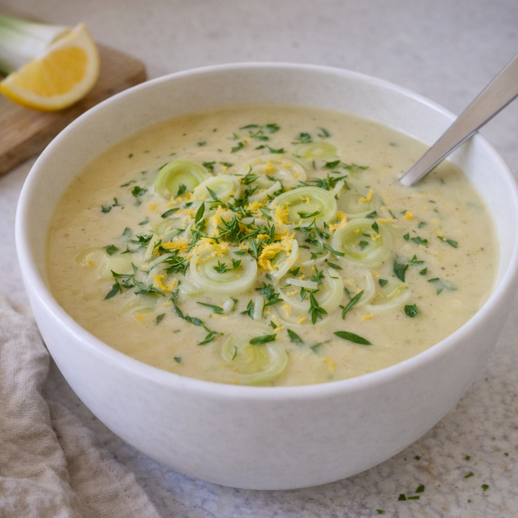 Citronkartoffelsuppe med porre og estragon