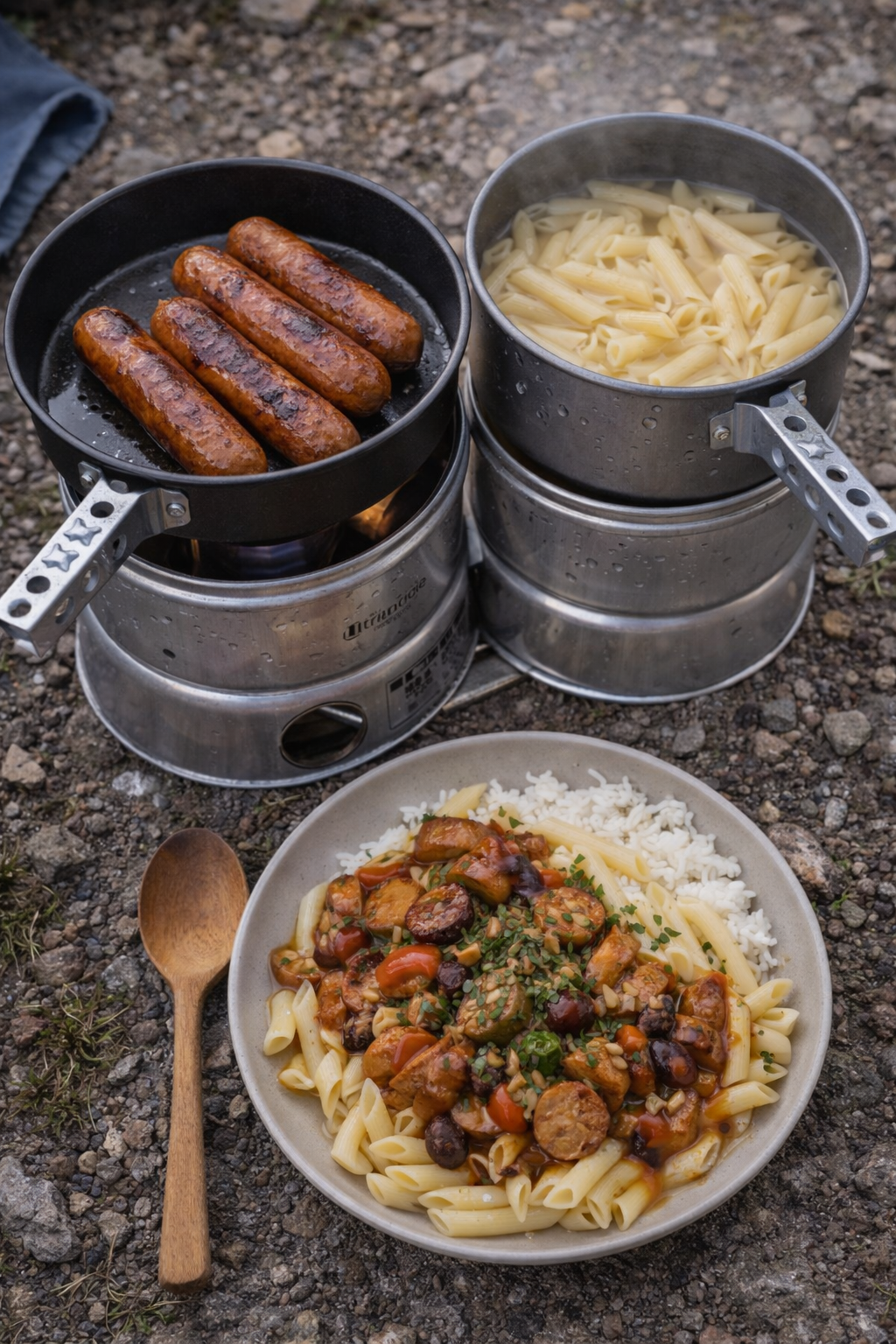 Stegte pølser og pasta på Trangia